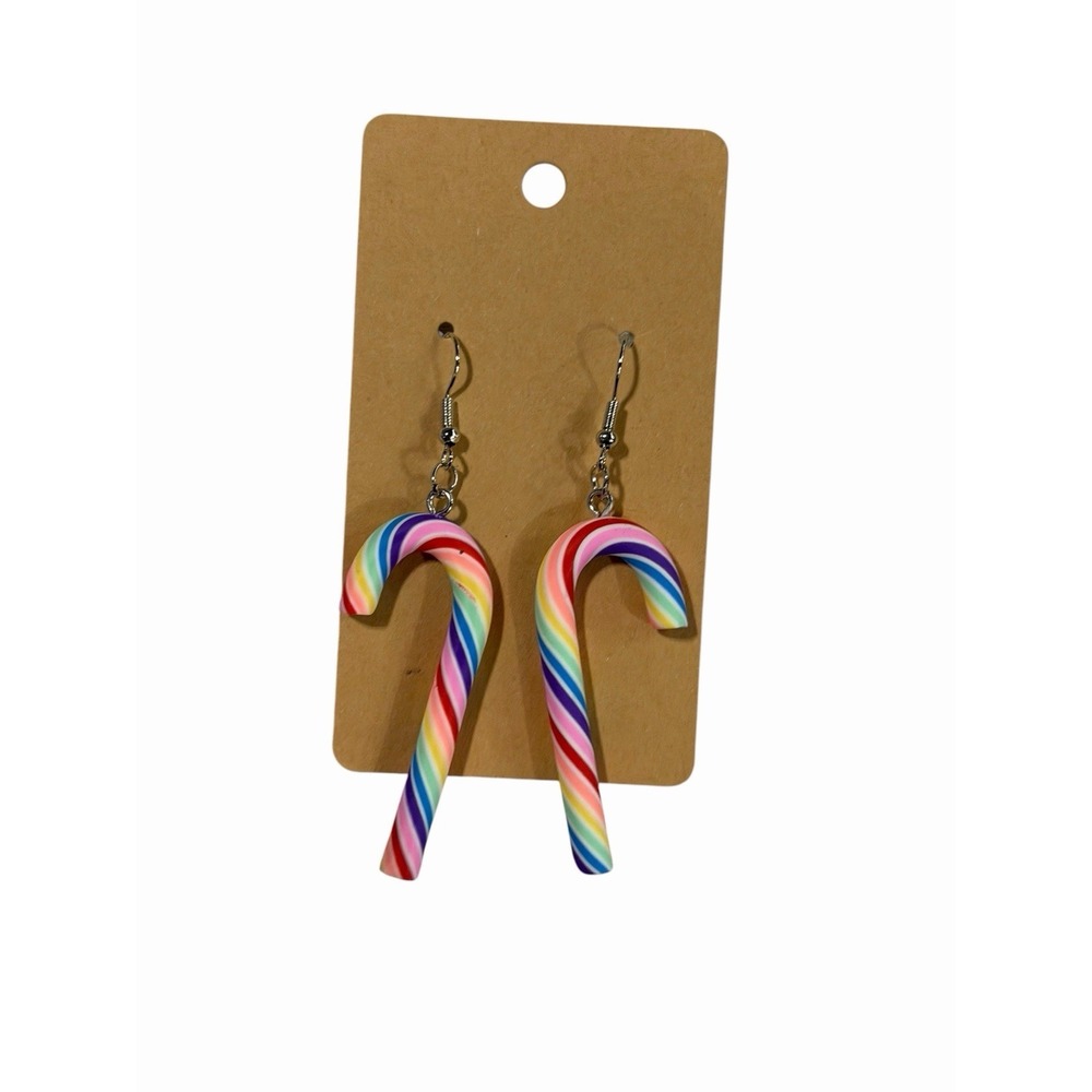 Rainbow Striped Candy Cane Christmas Dangle Earrings Festive Holiday Jewelry
